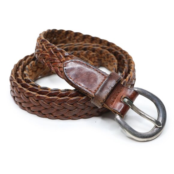 Vintage Fossil Brown Braided Leather Belt Silver Round Buckle Dark Academia LG - Picture 5 of 11